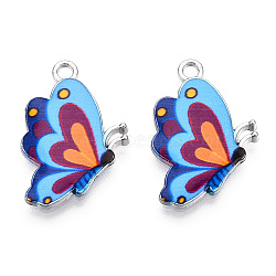 Printed Alloy Pendants, with Enamel, Butterfly, Platinum, Blue, 24.5x16x2mm, Hole: 2mm(X-PALLOY-R111-26A)