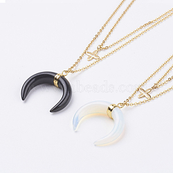 Gemstone Pendant Necklaces, with 304 Stainless Steel Findings, Cross and Double Horn/Crescent Moon, Golden, 15.9 inch(40.6cm)(NJEW-JN02070)