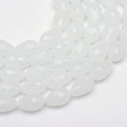 teardrop, Faceted Glass Beads Strands, Imitation Jade, White, 11~12x8mm, Hole: 1.5mm, about 56~59pcs/strand, 27 inch(X-GLAA-Q052-A05)