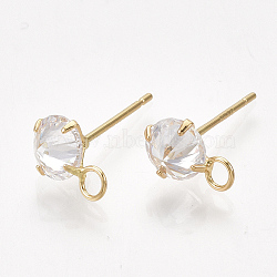 Brass Stud Earring Findings, with Cubic Zirconia and Loop, Clear, Real 18K Gold Plated, 10x6.5mm, Hole: 2mm, Pin: 0.8mm(X-KK-T035-123G)