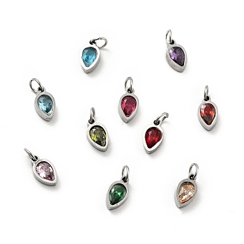 Vacuum Plating304 Stainless Steel Pendants, with Cubic Zirconia and Jump Rings, Single Stone Charms, Teardrop, Golden, Mixed Color, 9.5x5x2.5mm, Hole: 3.5mm