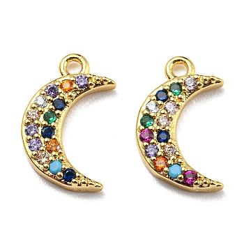 Brass Cubic Zirconia Charms, with Enamel, Moon, Colorful, Golden, 13.5x8x2mm, Hole: 1mm