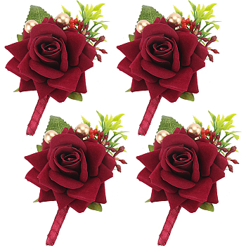 4Pcs Silk Brooch, with Plastic Imitation Flower, for Wedding, Party Decorations, Rose, Dark Red, 109x78x45mm, Pin: 0.7mm