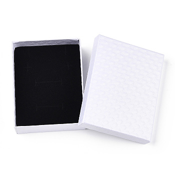 Rhombus Textured Cardboard Jewelry Boxes, with Black Sponge, for Jewelry Gift Packaging, Rectangle, White, 9x7x2.6cm; Inside: 8.3×6.4cm.