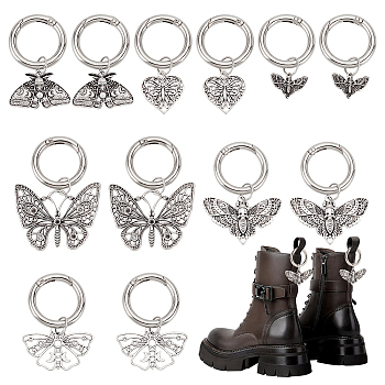 12Pcs 6 Styles Butterfly Tibetan Style Alloy Shoe Charms, with Zinc Alloy Spring Gate Rings, Platinum, 43~63mm, 2pcs/style