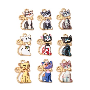 Alloy Enamel Pendants, Cadmium Free & Lead Free, Light Gold, Cat Charm, Mixed Color, 21x14x1.5mm, Hole: 2mm