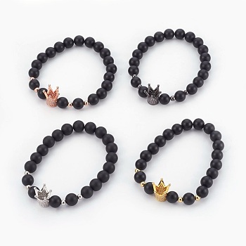Natural Black Agate(Dyed) Beads Stretch Bracelets, with Brass Micro Pave Cubic Zirconia Beads, Crown, Clear, Mixed Color, 2-1/8 inch(5.5cm)