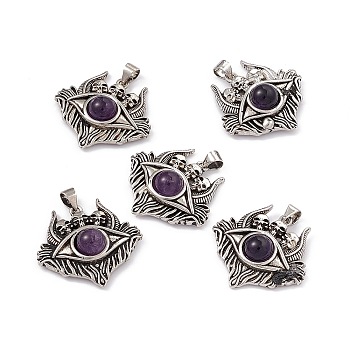 Halloween Natural Amethyst Pendants, Eye with Skull Charms, with Antique Silver Plated Brass Findings, 26x27x8.5mm, Hole: 3.5x5mm