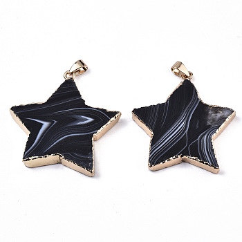 Natural Banded Agate/Striped Agate Pendants, with Light Gold Pleated Edge and Iron Bail, Star, Dyed, Black, 45~50x43~45x5~8mm, Hole: 4x7.5mm