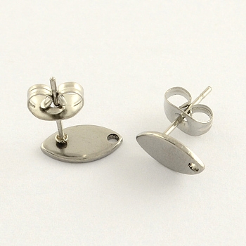 304 Stainless Steel Stud Earring Findings, with Loop, Horse Eye, Stainless Steel Color, 10x5.5mm, Hole: 1mm, pin: 0.8mm