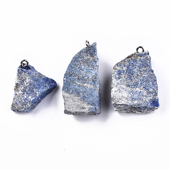 Natural Lapis Lazuli Pendants, Rough Raw Stone, with 304 Stainless Steel Loops, Nuggets, 25~45x20~31x10~20mm, Hole: 2mm