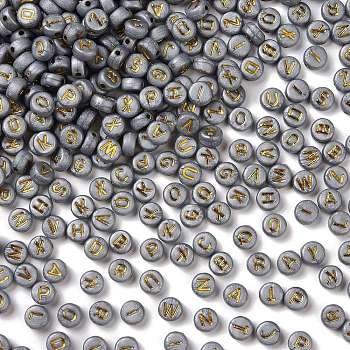 Golden Plating Opaque Acrylic Beads, Flat Round with Random Letter, Dark Gray, 6.8x3.6mm, Hole: 1.4mm, about 3600pcs/500g