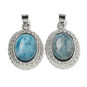 Natural Apatite Oval Pendants, Rack Plating Brass Gems Charms, Platinum, 27.5x19.5x8mm, Hole: 5x4mm