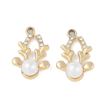 UV Plating Alloy Pendants, with Rhinestone and ABS Plastic Imitation Pearl Beads, Lead Free & Cadmium Free, Deer, Golden, 23x16x8mm, Hole: 2mm