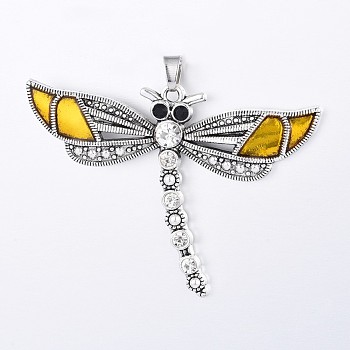 Alloy Enamel Big Pendants, with Rhinestone, Dragonfly, Antique Silver, Yellow, 46.5x65x5mm, Hole: 5x6mm