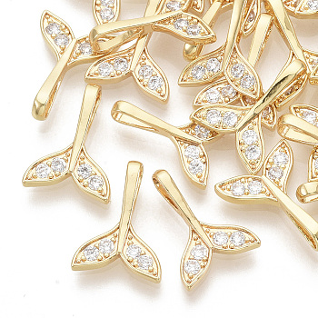 Brass Micro Pave Cubic Zirconia Pendants, Real 18K Gold Plated, Whale Tail Shape, Clear, 15.5x11x3.5mm, Hole: 2x5mm