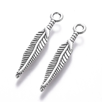Tibetan Style Alloy Pendants, Lead Free and Cadmium Free, Feather, Antique Silver, 29x5mm, Hole: 2mm