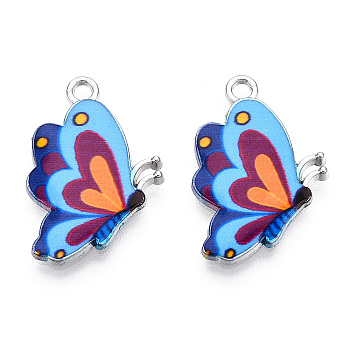 Printed Alloy Pendants, with Enamel, Butterfly, Platinum, Blue, 24.5x16x2mm, Hole: 2mm