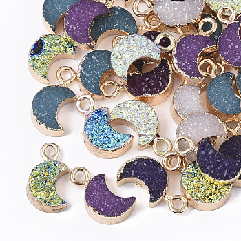 Druzy Resin Pendants, with Edge Light Gold Plated Iron Loops, Moon, Mixed Style, Mixed Color, 14~15x8x4mm, Hole: 1.8mm