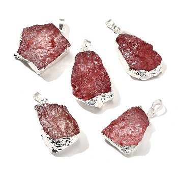 Raw Rough Natural Dyed Quartz Crystal Pendants, Nuggets Charms, with Brass Findings, Silver Color Plated, FireBrick, 21~45x18~39x8~19mm, Hole: 7x4.5mm