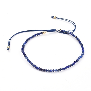 Braided Bead Bracelets, with Natural Lapis Lazuli Beads and Golden Plated Brass Beads and Braided Nylon Thread, 55~86mm