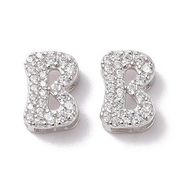 925 Sterling Silver Micro Pave Cubic Zirconia Beads, Real Platinum Plated, Letter B, 9x6.5x3.5mm, Hole: 2.5x1.5mm