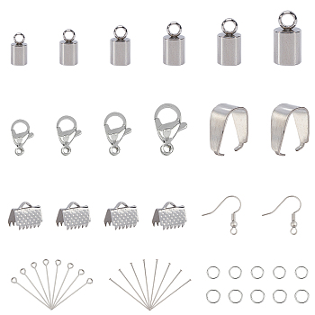 Unicraftale DIY 304 Stainless Steel Finding Kits, Including Cord Ends & Lobster Claw Clasps & Open Jump Rings & Eye Pin & Flat Head Pins & Ribbon Crimp Ends & Earring Hooks, Stainless Steel Color, 9x5mm, Hole: 2mm, Inner Diameter: 4mm, 194pcs/box