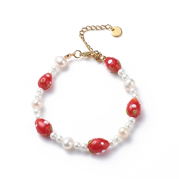 3D Lampwork Strawberry & Shell Pearl Beaded Bracelet for Women, Red, 7-1/2 inch(19cm)