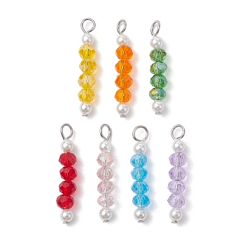7Pcs 7 Color Glass & Round Shell Pearl Beaded Pendants, with 304 Stainless Steel Loops, Mixed Color, 23.5~24x4~4.5mm, Hole: 2.2~2.5mm, 1Pc/color