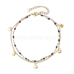 304 Stainless Steel Double Layer Chain Anklets, Enamel Style, with Golden Plated Heart Charms, Blue, 9-1/8 inch(23cm)(AJEW-AN00632-01)
