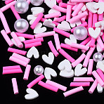 Handmade Polymer Clay Cabochons, Fashion Nail Art Decoration Accessories, with ABS Plastic Imitation Pearl Beads, Mixed Shapes, Hot Pink, 2~12x1.5~5x1~5mm(X-CLAY-N006-82B)