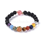 Universe Galaxy The Nine Planets Guardian Star, Natural Lava Rock and Natural Mixed Gemstone Beaded Stretch Bracelets, with Brass Findings, 2-1/4 inch(5.6cm)(BJEW-JB04185)