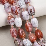 Natural Fire Crackle Agate Beads Strands, Dyed & Heated, Barrel, with Seed Beads, Chocolate, 15.5~16x11.5~12mm, Hole: 1.2~1.4mm, about 19pcs/strand, 15.55''~15.75''(39.5~40cm)(G-K393-G02-12x16)