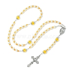 Glass Pearl Rosary Bead Necklace, Alloy Cross & Virgin Mary Pendant Necklace, Yellow, 24.41 inch(62cm)(NJEW-TA00082-04)