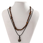 Wood Heishi Beaded Tiger Eye Rondelle Pendant Waxed Cord Double Layer Necklaces for Men, Coconut Brown, 17.72 inch(45cm), 2pcs/set(FS-WG2829B-01)