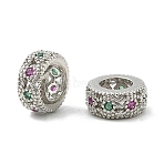 Brass Micro Pave Cubic Zirconia European Beads, Flat Round, Large Hole Beads, Rack Plating, Cadmium Free & Lead Free, Long-Lasting Plated, Platinum, 8x3.5mm, Hole: 4.2mm(KK-P297-04B-P)