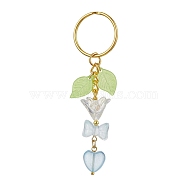 Bowknot & Heart Glass Pendant Decorations, with Acrylic Leaf/Flower Charm amd Iron Split Key Rings, Light Sky Blue, 8.8cm(KEYC-JKC00691-04)