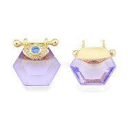 Brass Micro Pave Clear Cubic Zirconia Pendants, with Glass, Nickel Free, Real 18K Gold Plated, Hexagon with Eye, Lilac, 24x22.5x9mm, Hole: 1.8mm(KK-N227-106A)