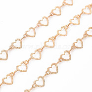 Handmade Brass Link Chains, Soldered, with Spool, Textured, Heart, Real 18K Gold Plated, 10.5x5x0.4mm(CHC-S012-092)
