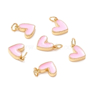 Rack Plating Brass Enamel Charms, with Jump Ring, Cadmium Free & Nickel Free & Lead Free, Real 18K Gold Long-Lasting Plated, Heart, Pink, 9x7x2mm, Hole: 2.5mm(KK-D073-27G-05)