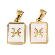 Constellations Natural White Shell Pendants, Ion Plating(IP) 304 Stainless Steel Rectangle Charms, Real 18K Gold Plated, Pisces, 16x10.5x1.5mm, Hole: 5x3mm(STAS-M338-01H-G)
