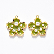 Brass Enamel Pendants, with ABS Plastic Imitation Pearl, Nickel Free, Flower, Real 18K Gold Plated, Lime Green, 16.5x15.5x4mm, Hole: 1mm(KK-T049-052G-04-NF)