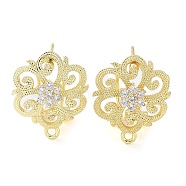 Flower Brass Micro Pave Cubic Zirconia Stud Earrings Finding, with Horizontal Loops, Cadmium Free & Lead Free, Real 18K Gold Plated, 18x15mm, Hole: 1.2mm, Pin: 0.8mm(KK-E083-20G)