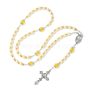 Glass Pearl Rosary Bead Necklace, Alloy Cross & Virgin Mary Pendant Necklace, Yellow, 24.41 inch(62cm)(NJEW-TA00082-04)