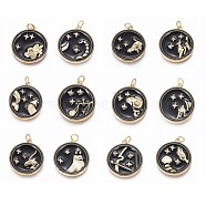 Brass Micro Pave Cubic Zirconia Pendants, with Enamel and Jump Ring, Flat Round with 12 Constellations, Golden, Random Mixed Constellations, 23x21x2.5mm, Hole: 3mm(ZIRC-L083-013B-G)