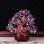 Undyed Natural Amethyst Chips Tree of Life Display Decorations, with Resin Base, Copper Wire Wrapped Feng Shui Ornament for Fortune, 180x90~180x73mm(TREE-PW0001-27C)