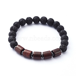 Stretch Bracelets, with Natural Lava Rock Beads, Natural Wood Beads and Non-Magnetic Synthetic Hematite Beads, Inner Diameter: 2-1/8 inch(5.4cm)(BJEW-JB05230-02)