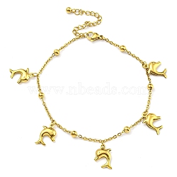 PVD Vacuum Plating 304 Stainless Steel Cable Chains Dolphin Charm Bracelets, Golden, 7-7/8 inch(19.9cm)(BJEW-P334-03G)