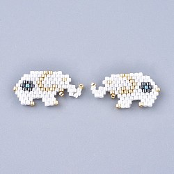 Handmade Seed Beads Pendants, with Elastic Thread, Loom Pattern, Elephant, White, 13~14x25~26x1.5mm(SEED-I012-40)