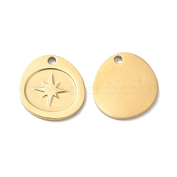 Ion Plating(IP) 316L Surgical Stainless Steel Charms, Irregular Flat Round with Star Charm, Textured, Real 18K Gold Plated, 11.8x11.2x1mm, Hole: 1.2mm(STAS-H213-48G)